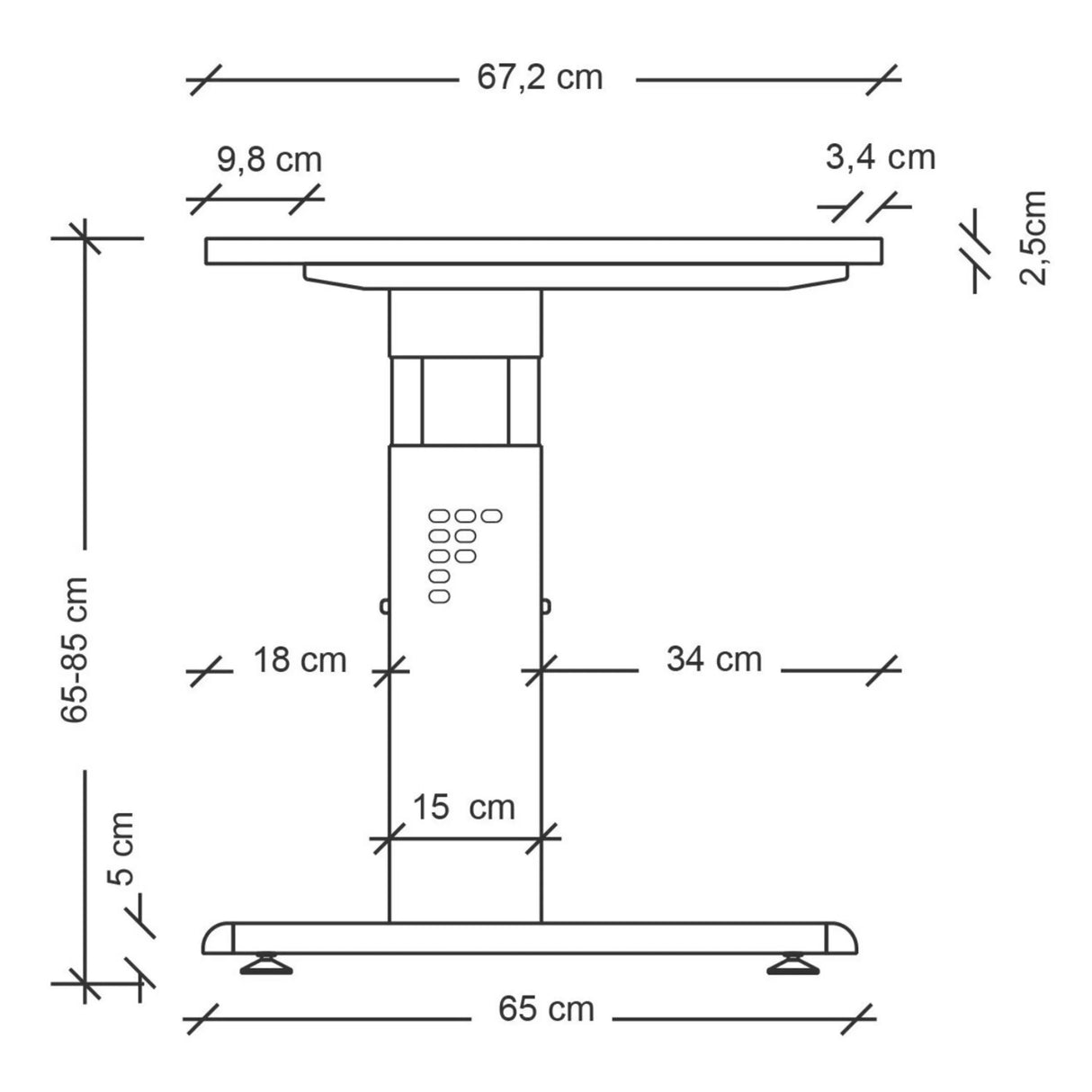 Maßzeichnung des höhenverstellbaren Schreibtischs MEGA 612 S mit einer Tischplattenbreite von 67,2 cm von hjh OFFICE PRO