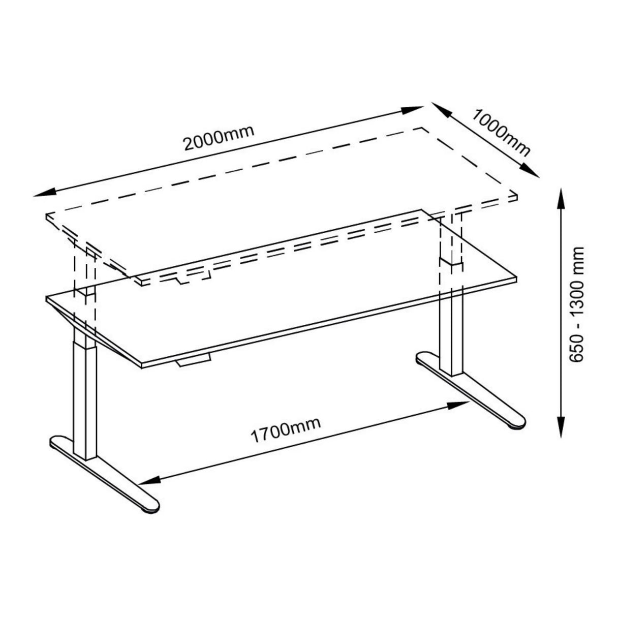 Technische Zeichnung des Schreibtischs XBHM 2E WW mit 2000 × 1000 mm von hjh OFFICE PRO