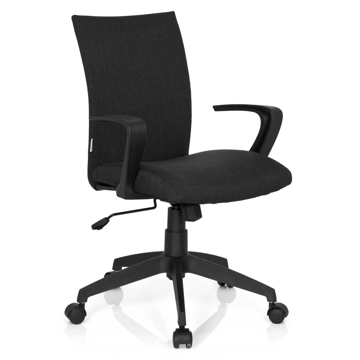 Schwarzer Homeoffice-Bürostuhl SOFT mit Armlehnen und Fußkreuz mit fünf Rollen von hjh OFFICE – 360-Grad-Ansicht (schräge Frontansicht 40°)