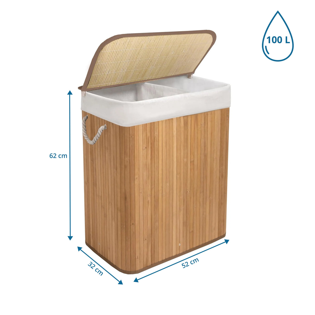 Maßzeichnung des Wäschekorbs FALSTER XL B mit 62 x 52 x 32 cm und 100 L Fassungsvermögen von hjh LIVING