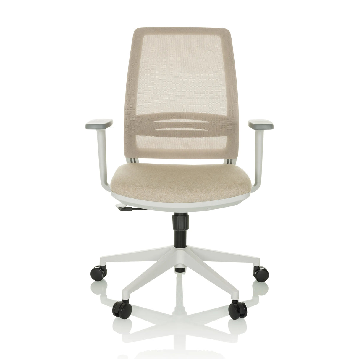 Beiger Homeoffice-Bürostuhl PROFONDO ECO W mit Netzrücken und Fußkreuz mit fünf Rollen von hjh OFFICE – 360-Grad-Ansicht (Frontansicht 0°)