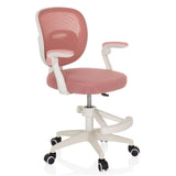 Rosa Kinderdrehstuhl KIDDY SMART mit Netzrücken und Fußkreuz mit fünf Rollen von hjh OFFICE – 360-Grad-Ansicht (schräge Frontansicht 45°)