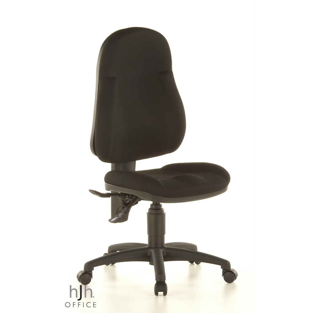 Schwarzer Homeoffice-Bürostuhl WELLPOINT 10 mit Fußkreuz und fünf Rollen von Topstar – 360-Grad-Ansicht (schräge Frontansicht 40°)