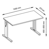 Maßzeichnung des höhenverstellbaren Schreibtischs MEGA 612 S mit 1200 × 672 mm und 650-850 mm Höhe von hjh OFFICE PRO