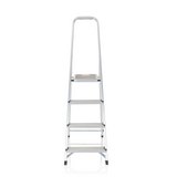 Silberne Klappleiter SOLID II aus Aluminium mit vier Stufen und Handgriff von hjh OFFICE – 360-Grad-Ansicht (Frontansicht 0°)