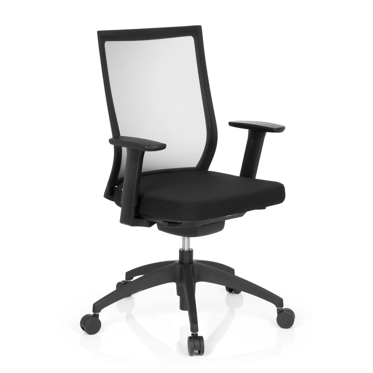 Schwarzer Profi-Bürostuhl ASPEN mit Netzrücken und Fußkreuz mit fünf Rollen von hjh OFFICE – 360-Grad-Ansicht (schräge Frontansicht 40°)