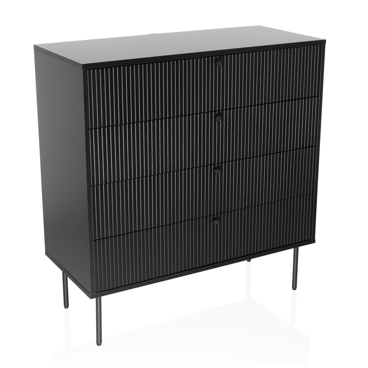 Schwarze Kommode KARBY K mit vier geriffelten Schubladen und schmalen Beinen von hjh LIVING – 360-Grad-Ansicht (schräge Frontansicht 30°)
