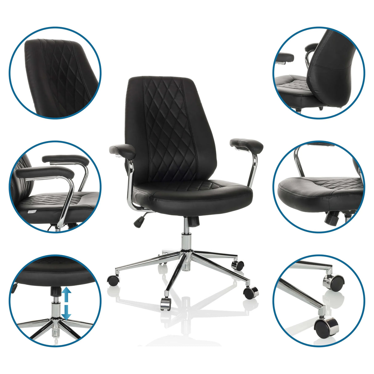 Homeoffice Chefsessel THEO I in Schwarz mit Detailansichten von Rückenlehne, Armlehnen und Fußkreuz von hjh OFFICE
