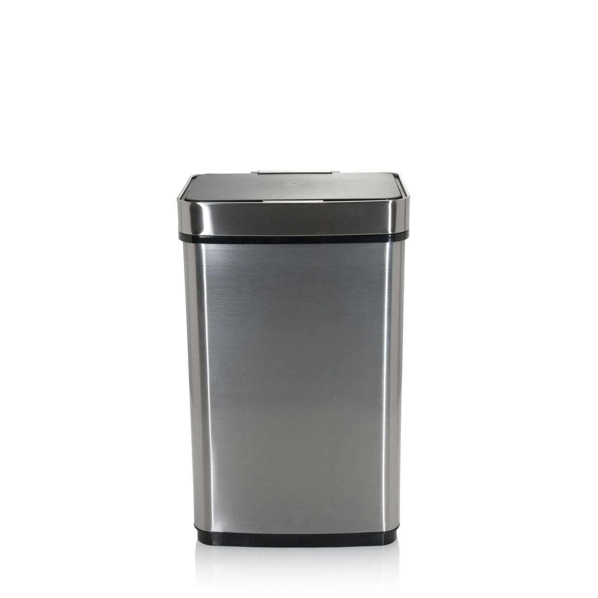 Silberner Sensor-Mülleimer CLEAN IV mit glänzender Oberfläche und schwarzem Boden von hjh OFFICE – 360-Grad-Ansicht (Frontansicht 0°)
