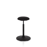 Schwarze Stehhilfe BALANCE SIT mit rundem Sitzpolster und kreisförmigem Standfuß von hjh OFFICE – 360-Grad-Ansicht (schräge Frontansicht 40°)