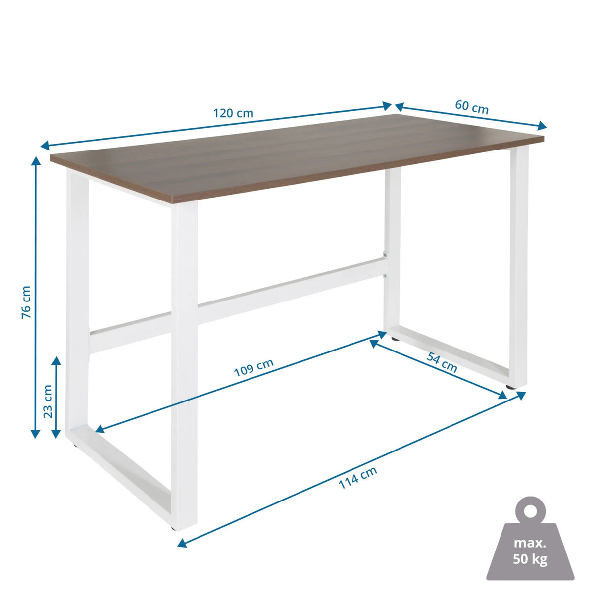 Maßzeichnung des Schreibtischs WORKSPACE LIGHT I in 120 × 60 cm mit maximaler Belastbarkeit von 50 kg von hjh OFFICE