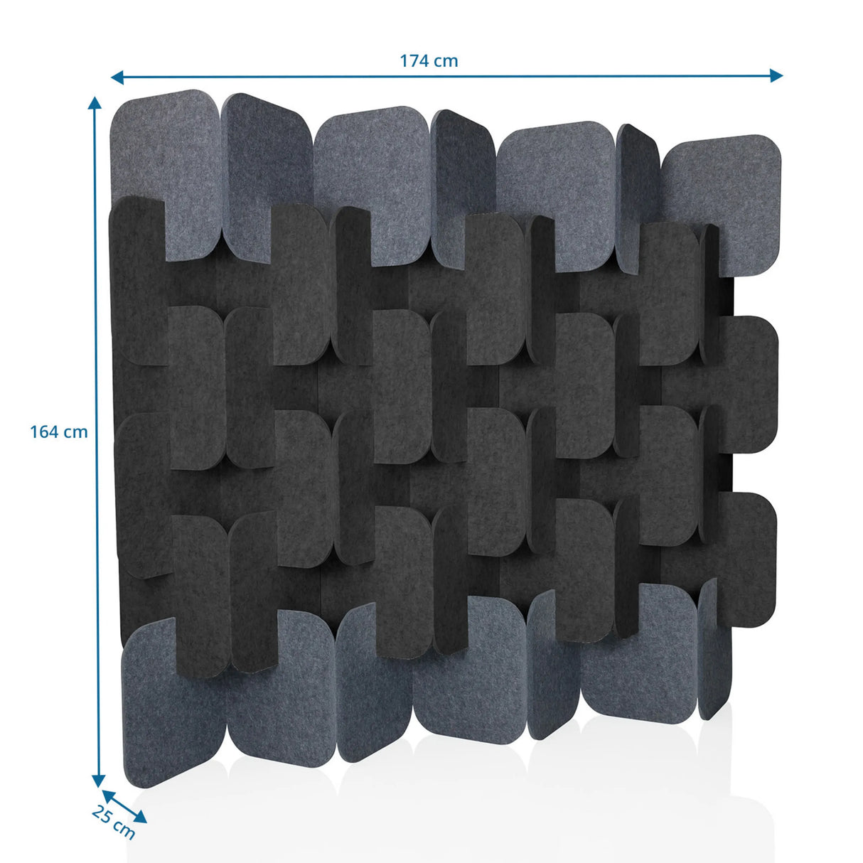 Maßzeichnung der Trennwand FLEXMIUT PLUG mit 174 × 164 cm in Grau und Dunkelgrau von hjh OFFICE