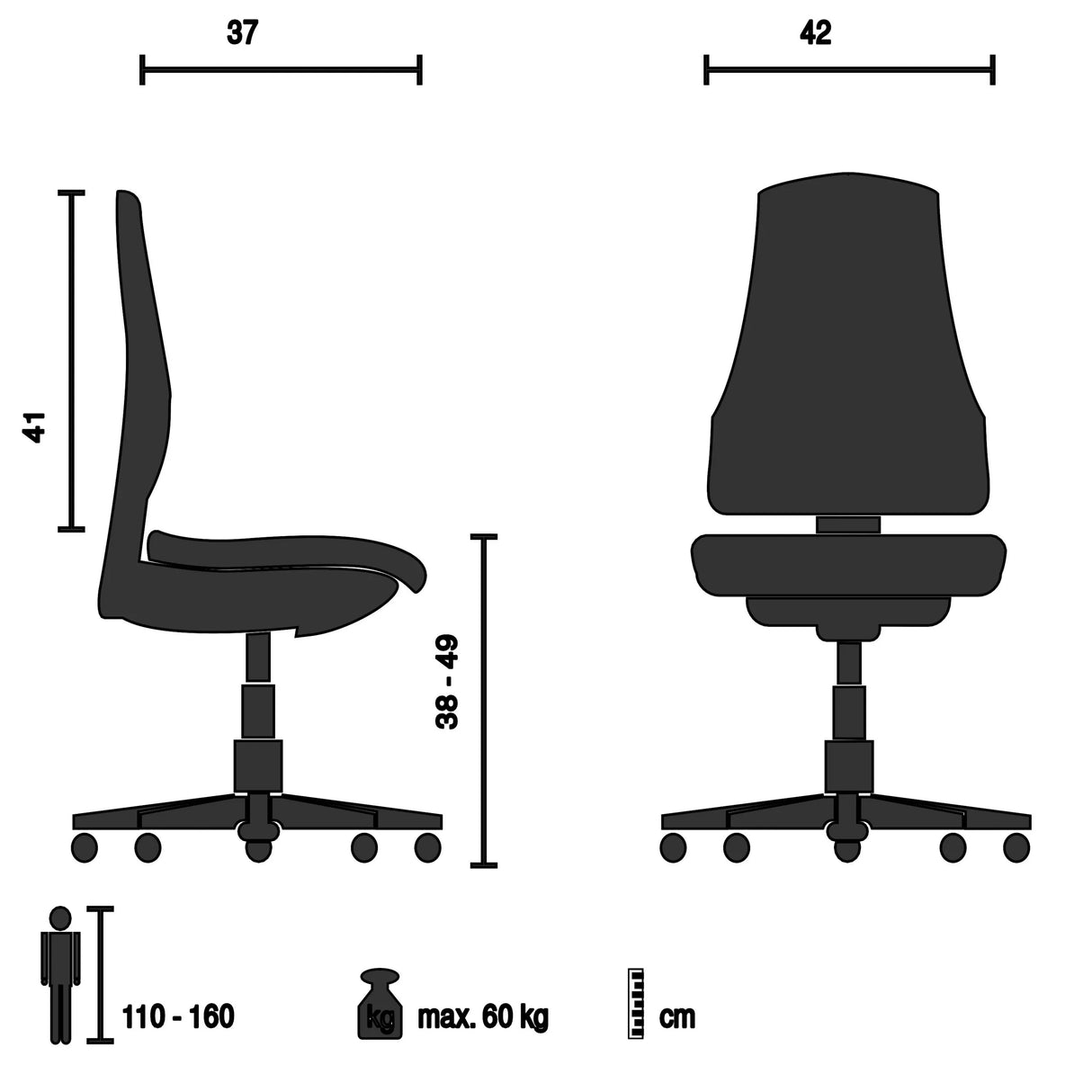 Technische Zeichnung des Kinderdrehstuhls KID BUBBLE mit einer Sitzhöhe von 38 bis 49 cm von hjh OFFICE