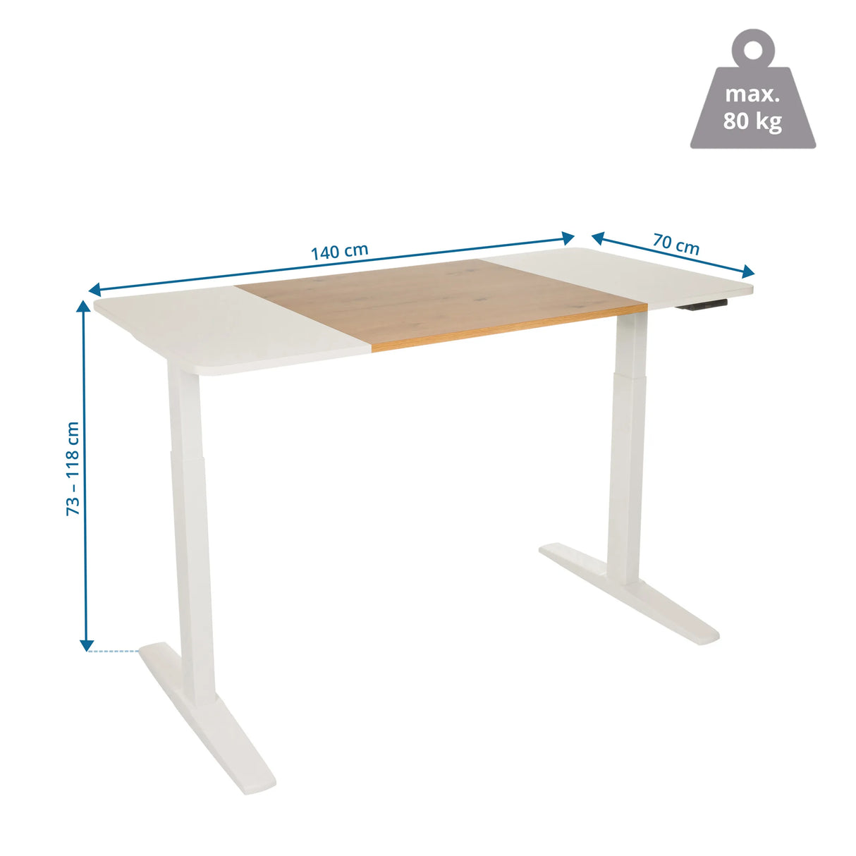 Maßzeichnung des elektrisch höhenverstellbaren Schreibtischs STAND T3 mit 140 x 70 cm von hjh OFFICE