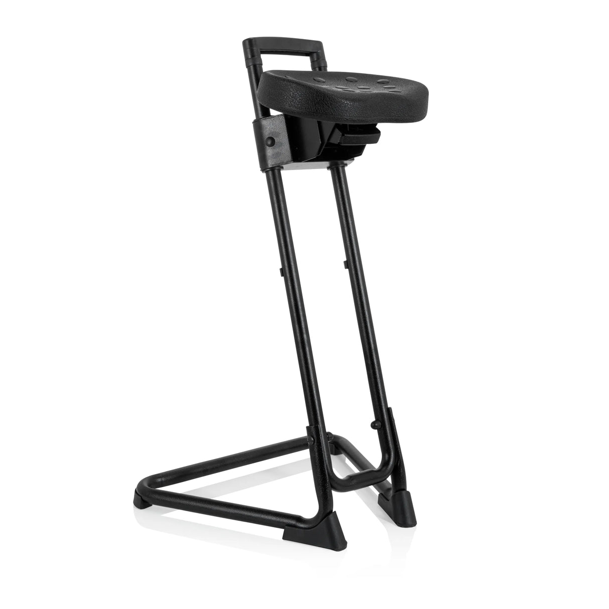 Schwarze Stehhilfe TOP WORK 32 I mit gepolsterter Sitzfläche und U-förmigem Standfuß von SIFA – 360-Grad-Ansicht (schräge Frontansicht 40°)
