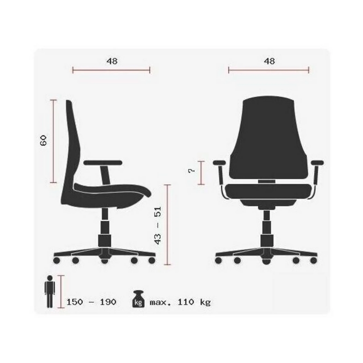 Technische Zeichnung des Profi-Bürostuhls Open Point SY U2 mit einer maximalen Belastung von 110 kg von Topstar