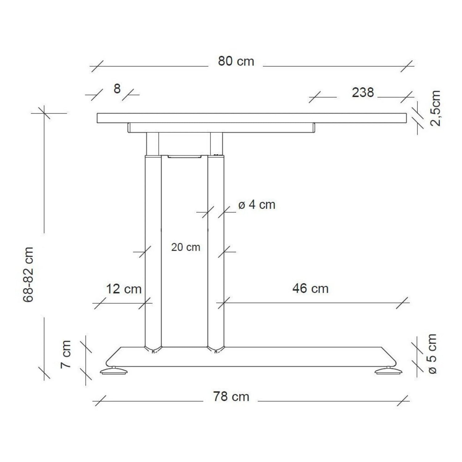 Maßzeichnung des höhenverstellbaren Schreibtischs ZENO 12 G mit einer Breite von 80 cm von hjh OFFICE PRO