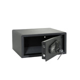 Schwarzer Tresor SAFE COMPACT I mit digitalem Zahlenschloss und Drehgriff von hjh OFFICE – 360-Grad-Ansicht (schräge Rückenansicht 120°)