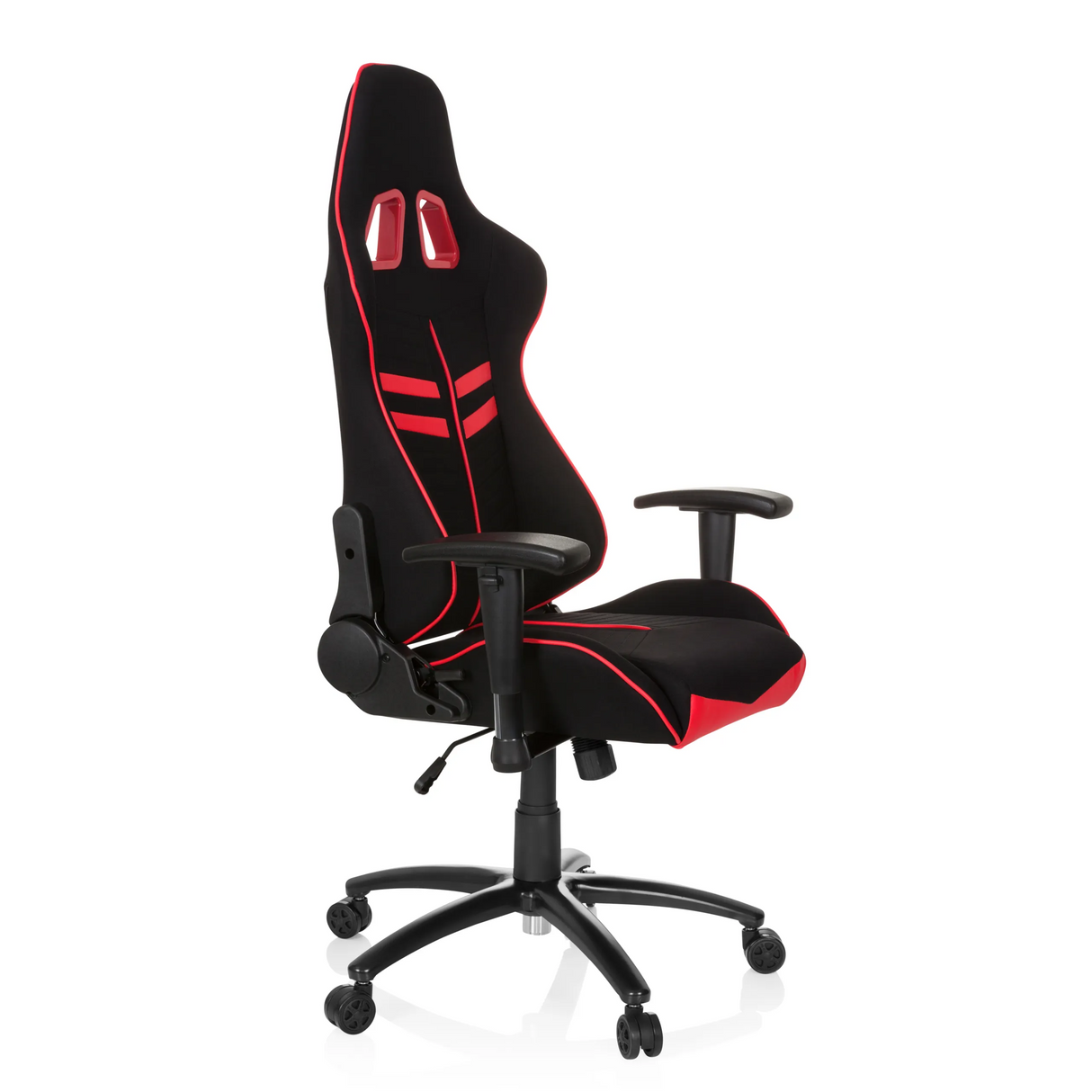 Schwarz-roter Gamingstuhl LEAGUE PRO I mit zwei Kopfstützen-Öffnungen und Fußkreuz mit fünf Rollen von hjh OFFICE – 360-Grad-Ansicht (schräge Frontansicht 60°)