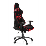 Schwarz-roter Gamingstuhl LEAGUE PRO I mit zwei Kopfstützen-Öffnungen und Fußkreuz mit fünf Rollen von hjh OFFICE – 360-Grad-Ansicht (schräge Frontansicht 60°)