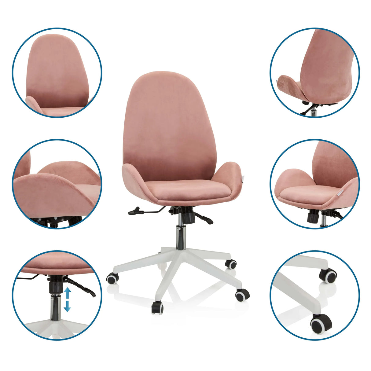 Rosa Homeoffice-Bürostuhl AVEA mit Detailansichten von Rückenlehne, Gasdruckfeder und Rollen von hjh OFFICE