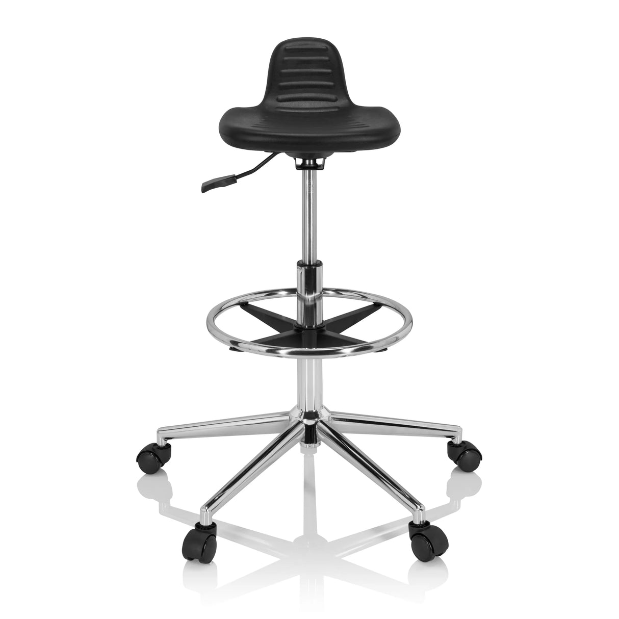 Schwarzer Drehhocker TOP WORK 03 I mit Fußring und Fußkreuz mit fünf Rollen von hjh OFFICE – 360-Grad-Ansicht (Frontansicht 0°)
