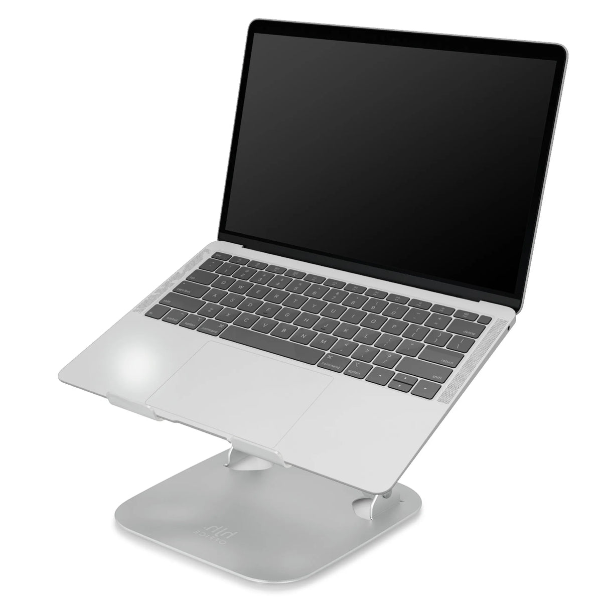 Silberne Laptopunterlage LAPTOP STAND mit einem darauf platzierten Laptop in schräger Position von hjh OFFICE