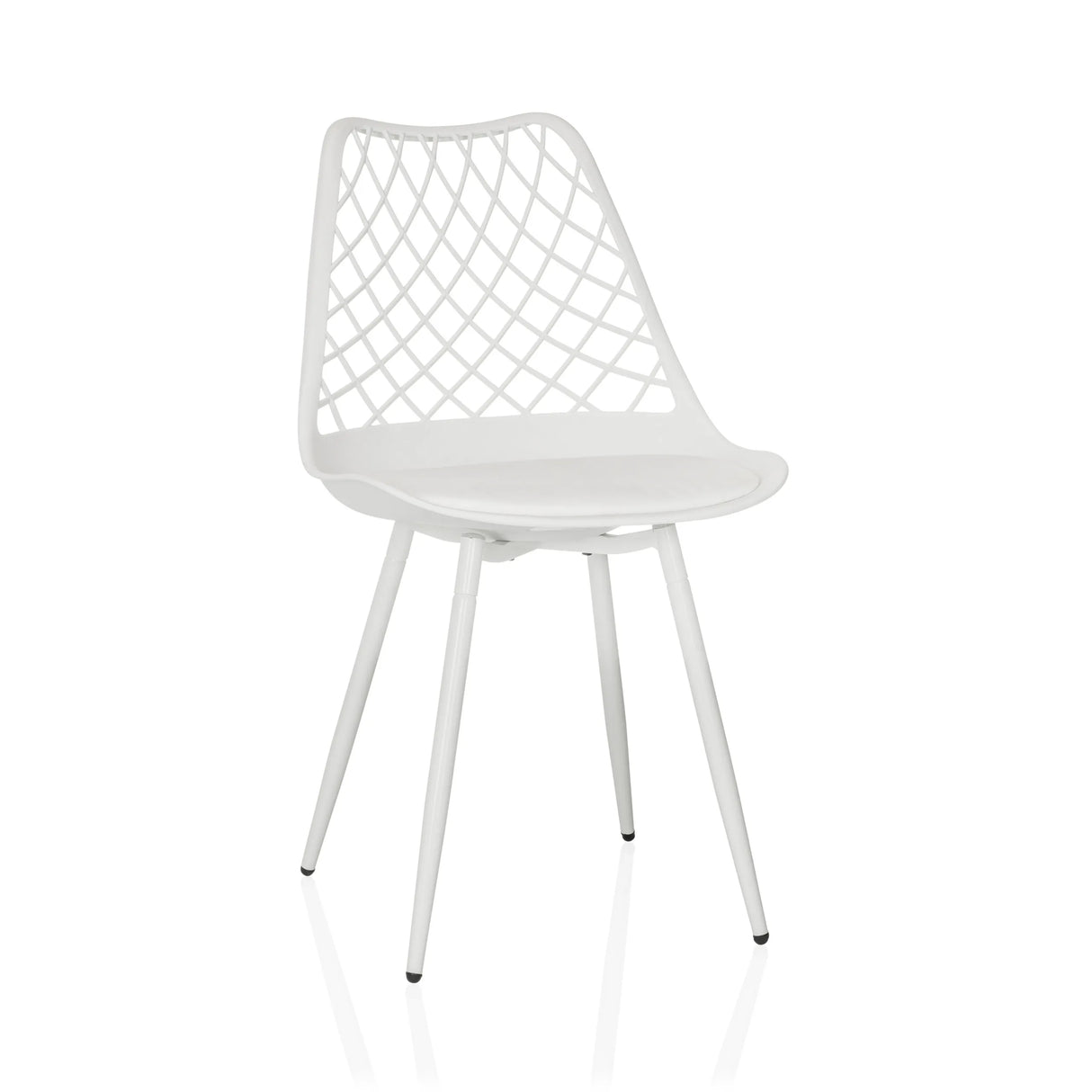 Weißer Outdoor-Stuhl BEGIO S mit gitterförmiger Rückenlehne und vier Beinen von hjh LIVING – 360-Grad-Ansicht (Frontansicht 15°)