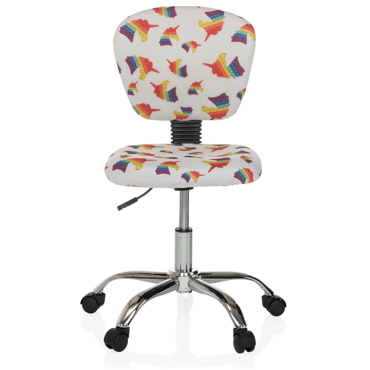 Kinderdrehstuhl KID BUBBLE mit buntem Regenbogen-Motiv und Fußkreuz mit fünf Rollen von hjh OFFICE – 360-Grad-Ansicht (Frontansicht 0°)