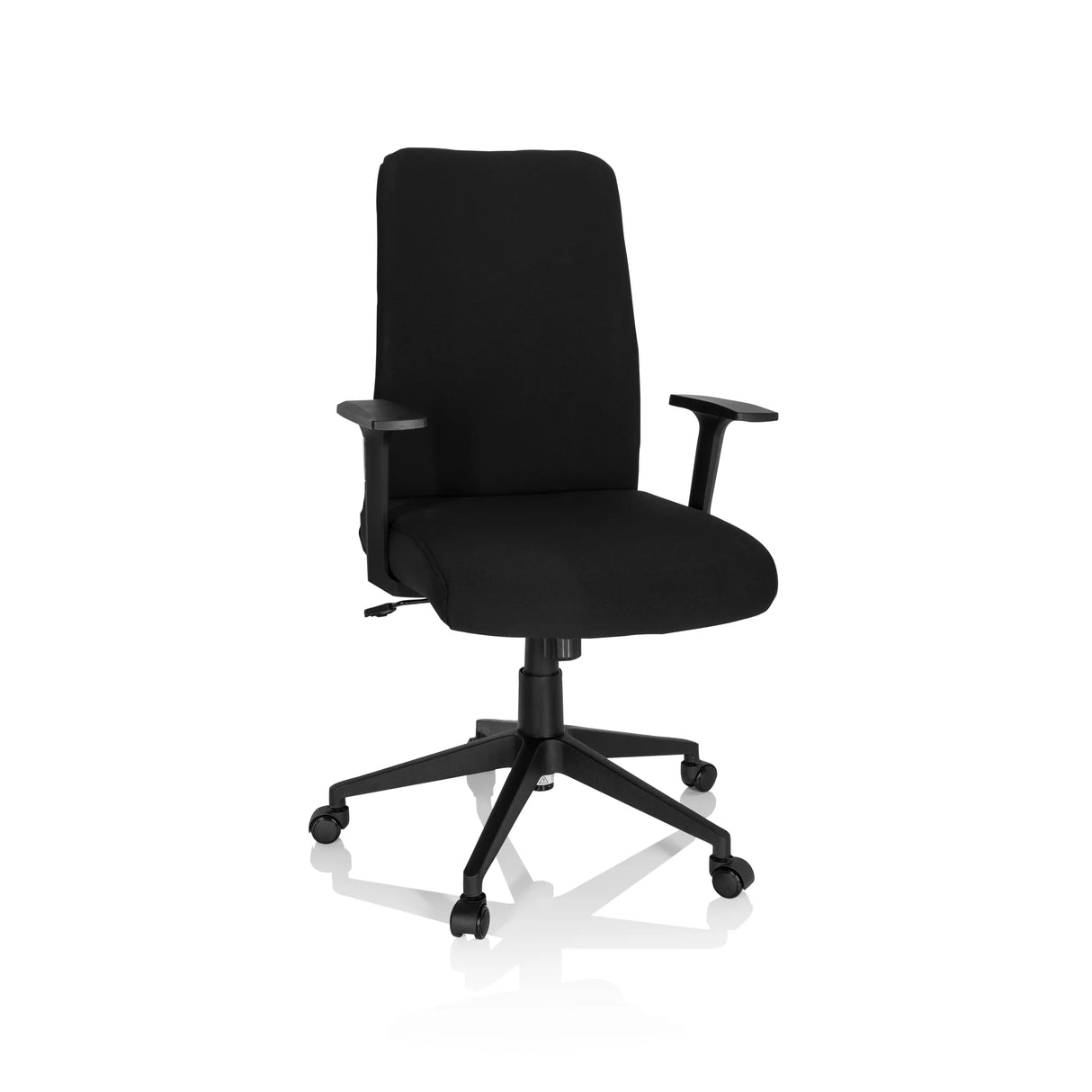 Schwarzer Home-Office-Bürostuhl COSIO I mit Armlehnen und Fußkreuz mit fünf Rollen von hjh OFFICE – 360-Grad-Ansicht (Frontansicht 20°)