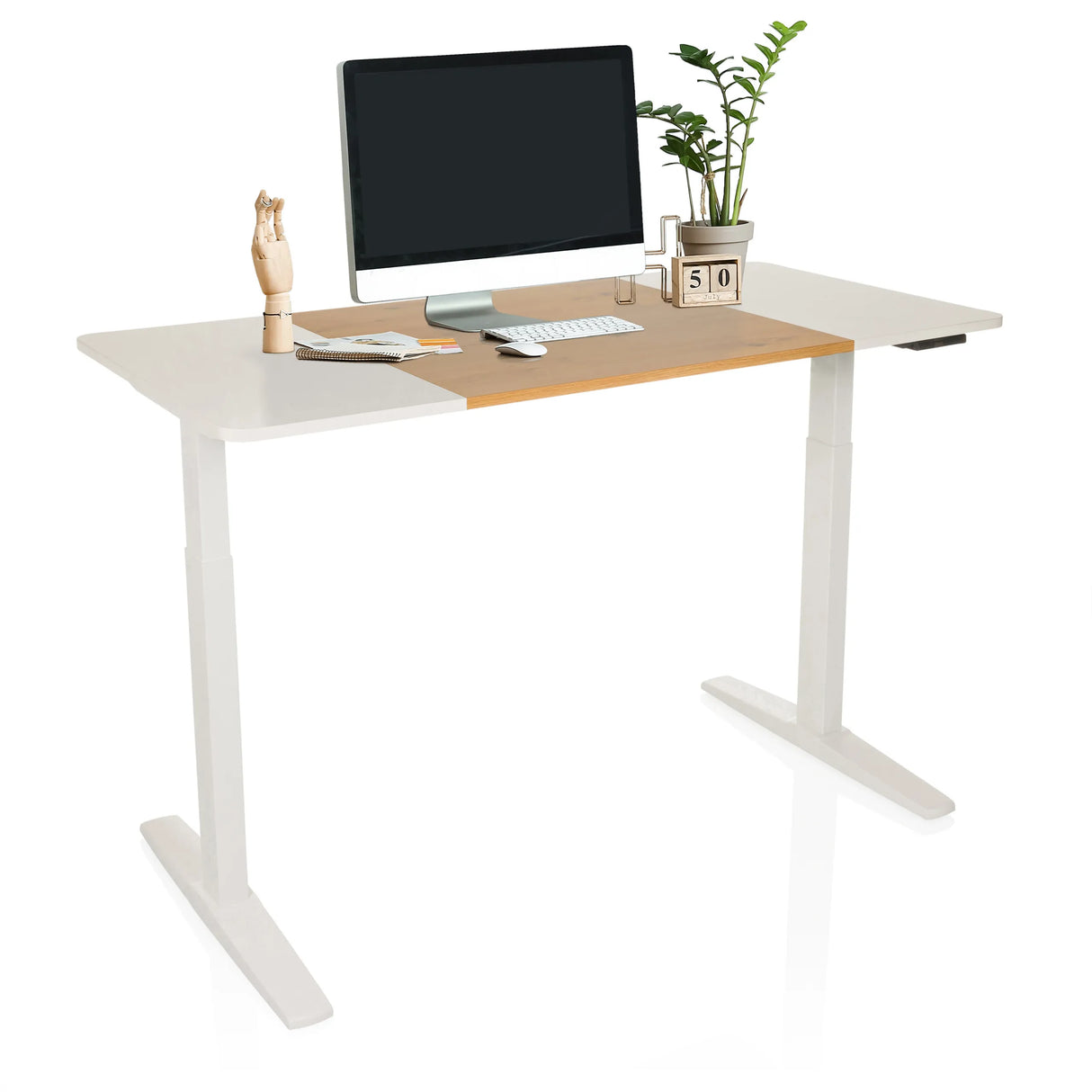 Elektrisch höhenverstellbarer Schreibtisch STAND T3 in Weiß und Eiche mit Monitor und Zubehör von hjh OFFICE