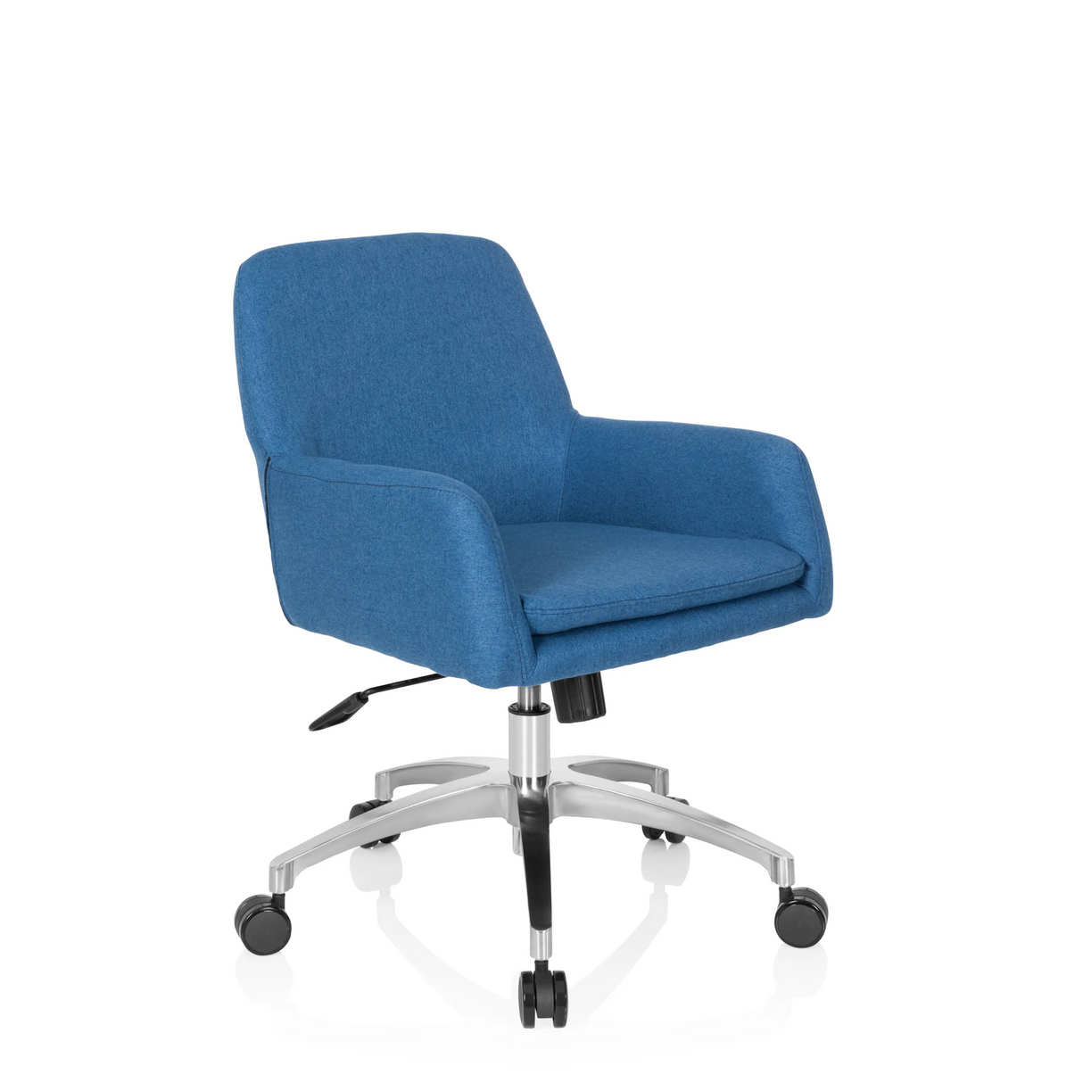 Blauer Homeoffice-Bürostuhl SHAKE 400 mit Armlehnen und Fußkreuz mit fünf Rollen von hjh OFFICE – 360-Grad-Ansicht (schräge Frontansicht 40°)