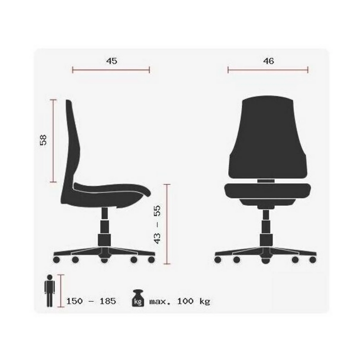 Technische Zeichnung des Homeoffice-Bürostuhls WELLPOINT 10 mit einer Breite von 46 cm von Topstar