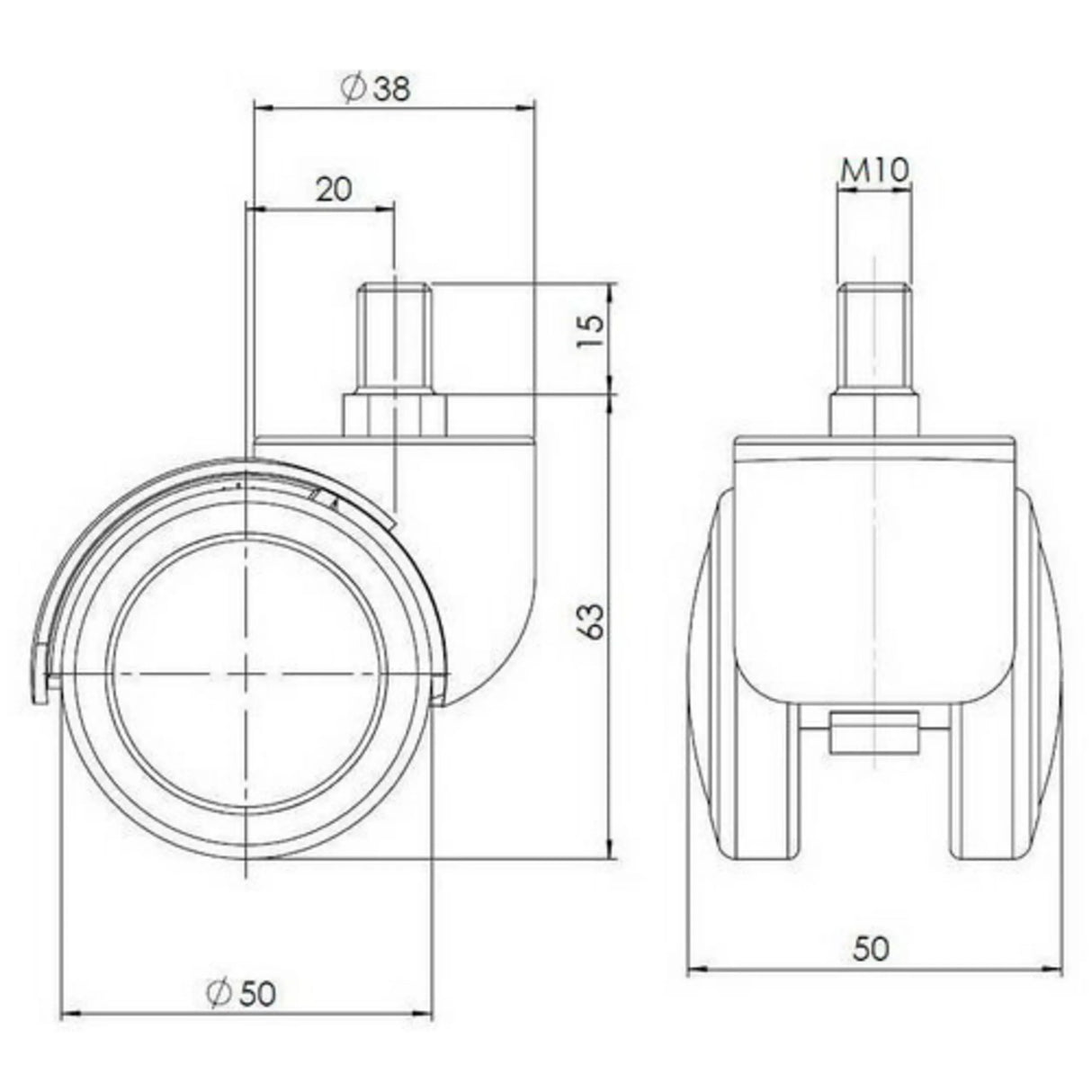 Technische Zeichnung der Stuhlrolle 5x ROLO M10/50mm mit einem Durchmesser von 50 mm von hjh OFFICE