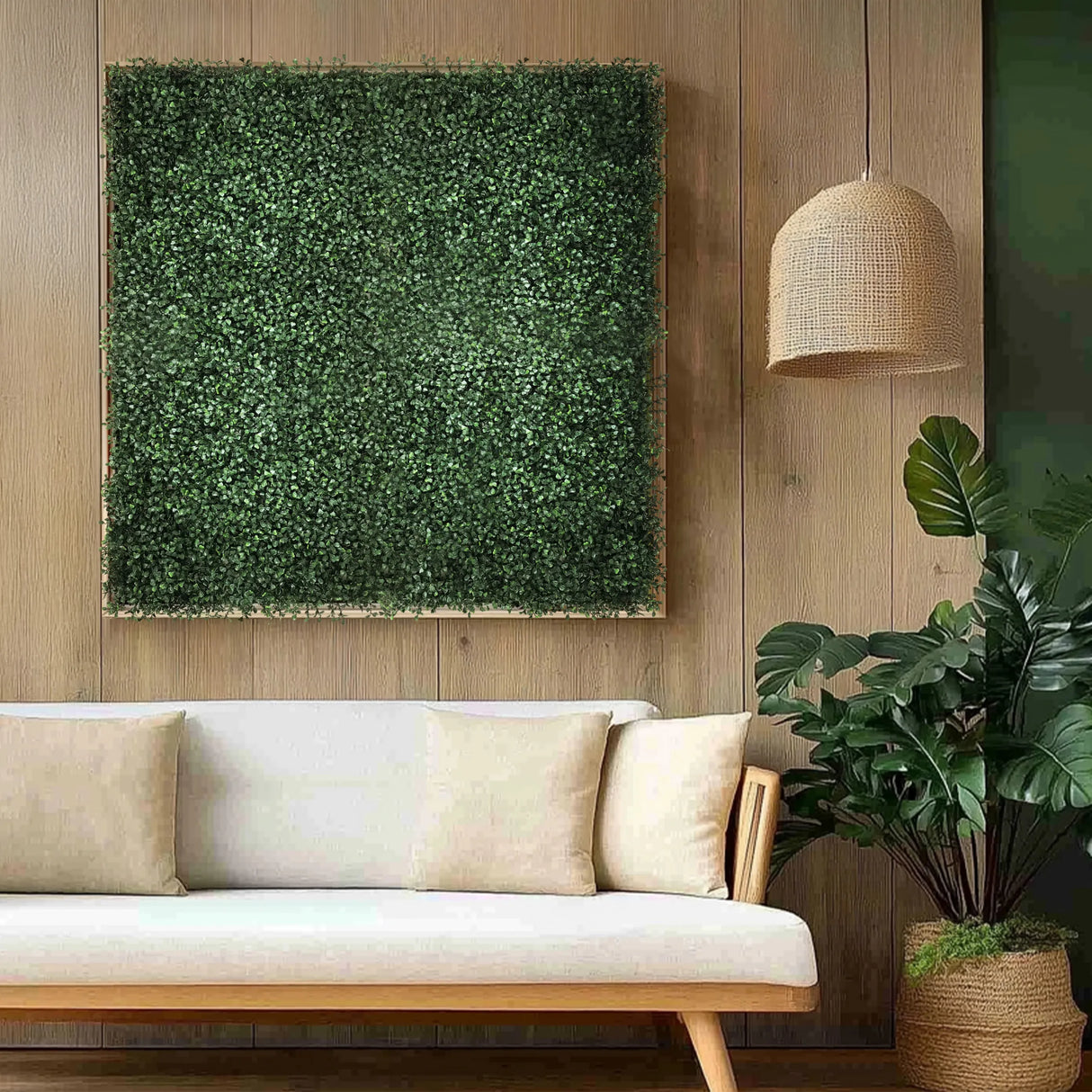 Grüne Pflanzenmatte LEAFLUXE 1 als quadratisches Wandelement über einem hellen Sofa von hjh LIVING