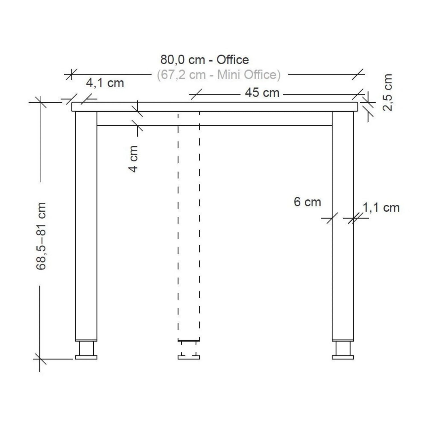 Maßzeichnung des Schreibtischs HILO 12 S mit einer Breite von 80,0 cm und einer Höhe von 68,5–81 cm von hjh OFFICE PRO