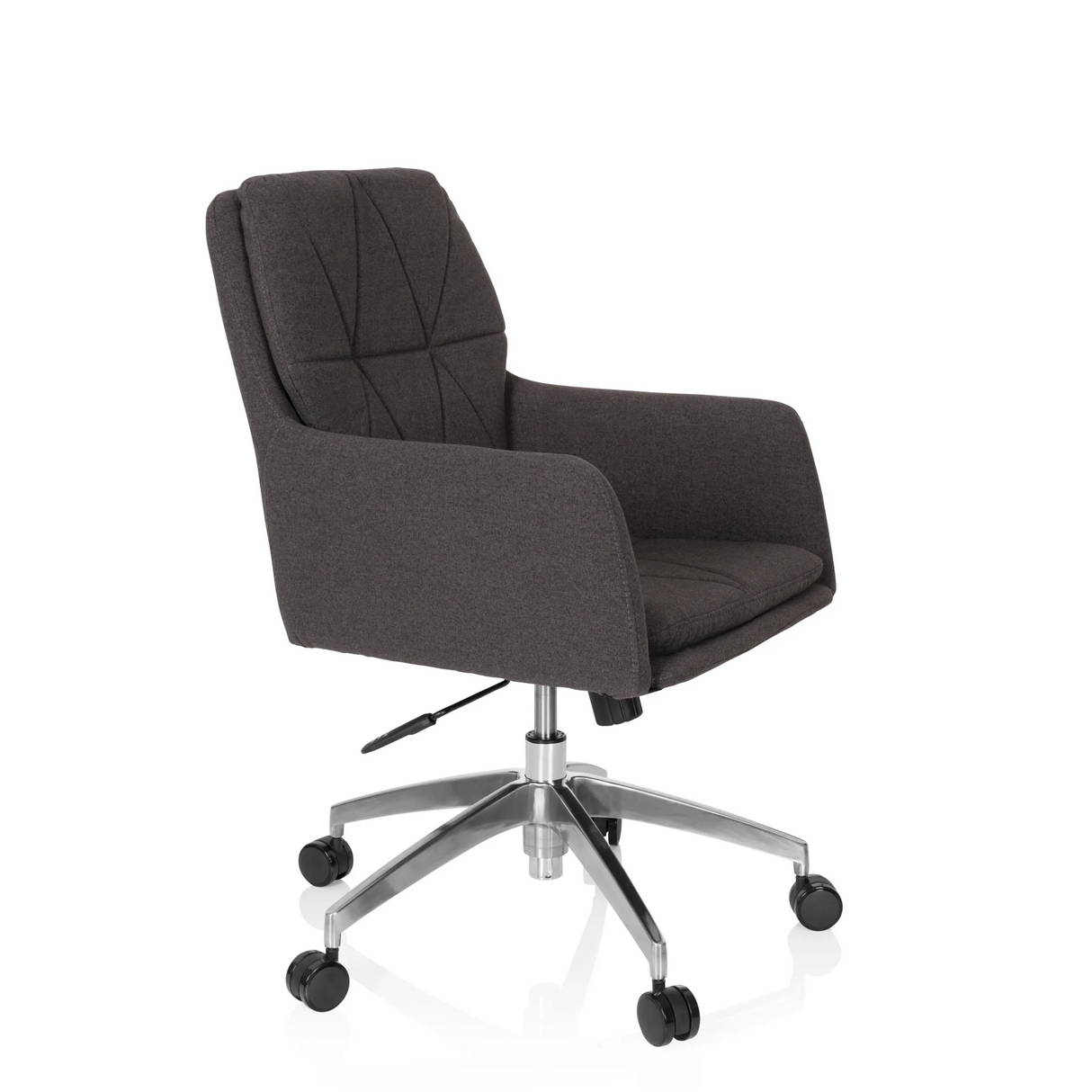 Dunkelgrauer Homeoffice-Bürostuhl SHAKE 350 mit Steppmuster und Fußkreuz mit fünf Rollen von hjh OFFICE – 360-Grad-Ansicht (schräge Frontansicht 60°)