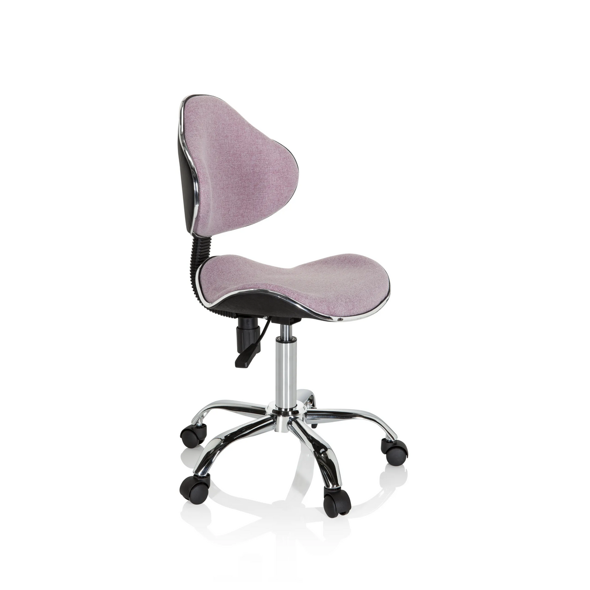 Rosa Kinderdrehstuhl KIDDY GTI-3 mit glänzendem Fußkreuz und fünf Rollen von hjh OFFICE – 360-Grad-Ansicht (schräge Frontansicht 60°)