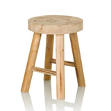 Brauner Sitzhocker RUSTIKO W aus Holz mit runder Sitzfläche und Querstreben von hjh LIVING – 360-Grad-Ansicht (schräge Frontansicht 30°)