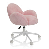 Rosa Kinderdrehstuhl KID TEDDY mit flauschigem Bezug und weißem Fußkreuz mit fünf Rollen von hjh OFFICE – 360-Grad-Ansicht (schräge Frontansicht 60°)