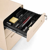 Geöffnete Schublade mit Organizer-Einsatz und Büroutensilien des Rollcontainers COLOR PLUS I in Beige von hjh OFFICE