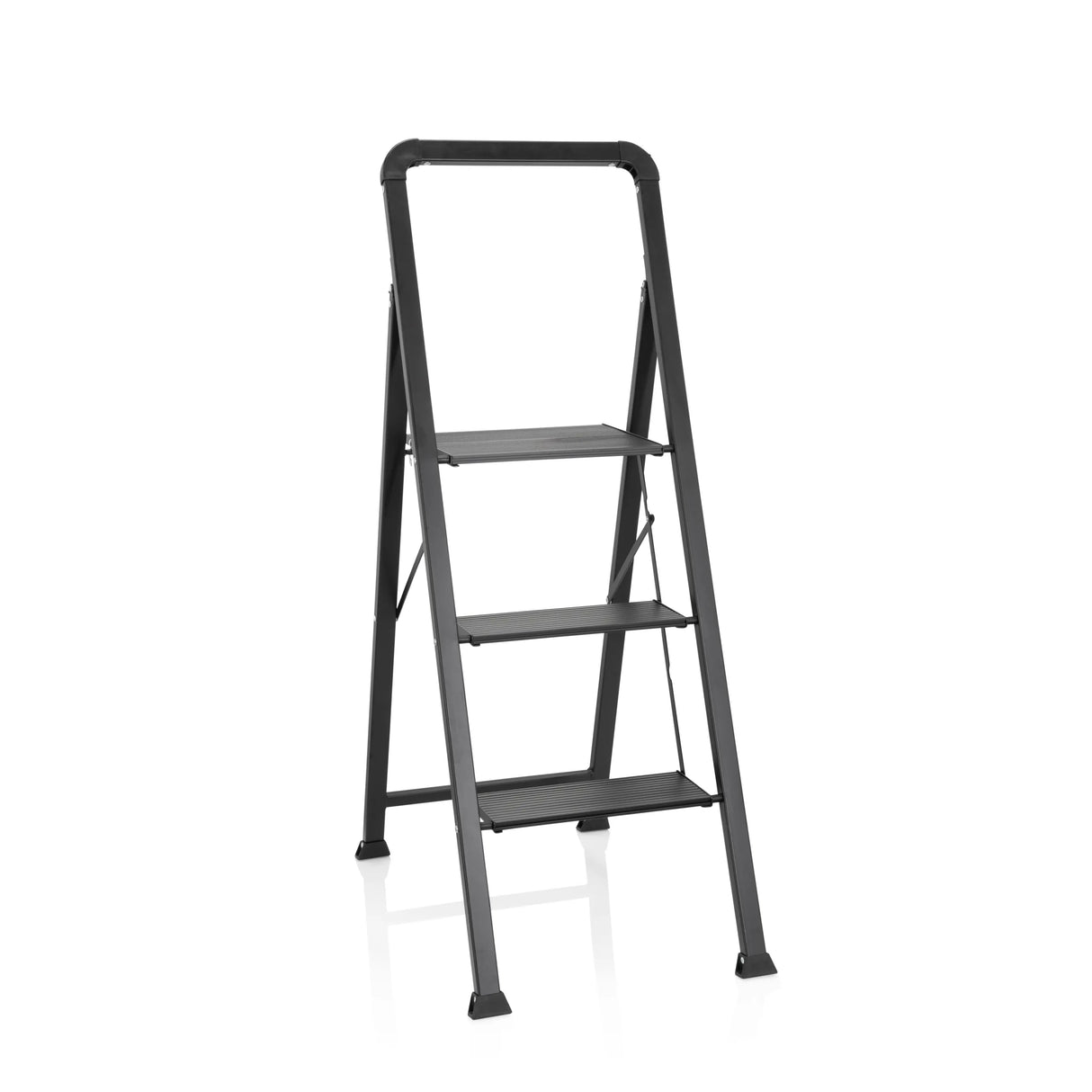 Schwarze Klappleiter SOLID W6 mit drei Stufen und einem Handgriff von hjh OFFICE – 360-Grad-Ansicht (Frontansicht 20°)