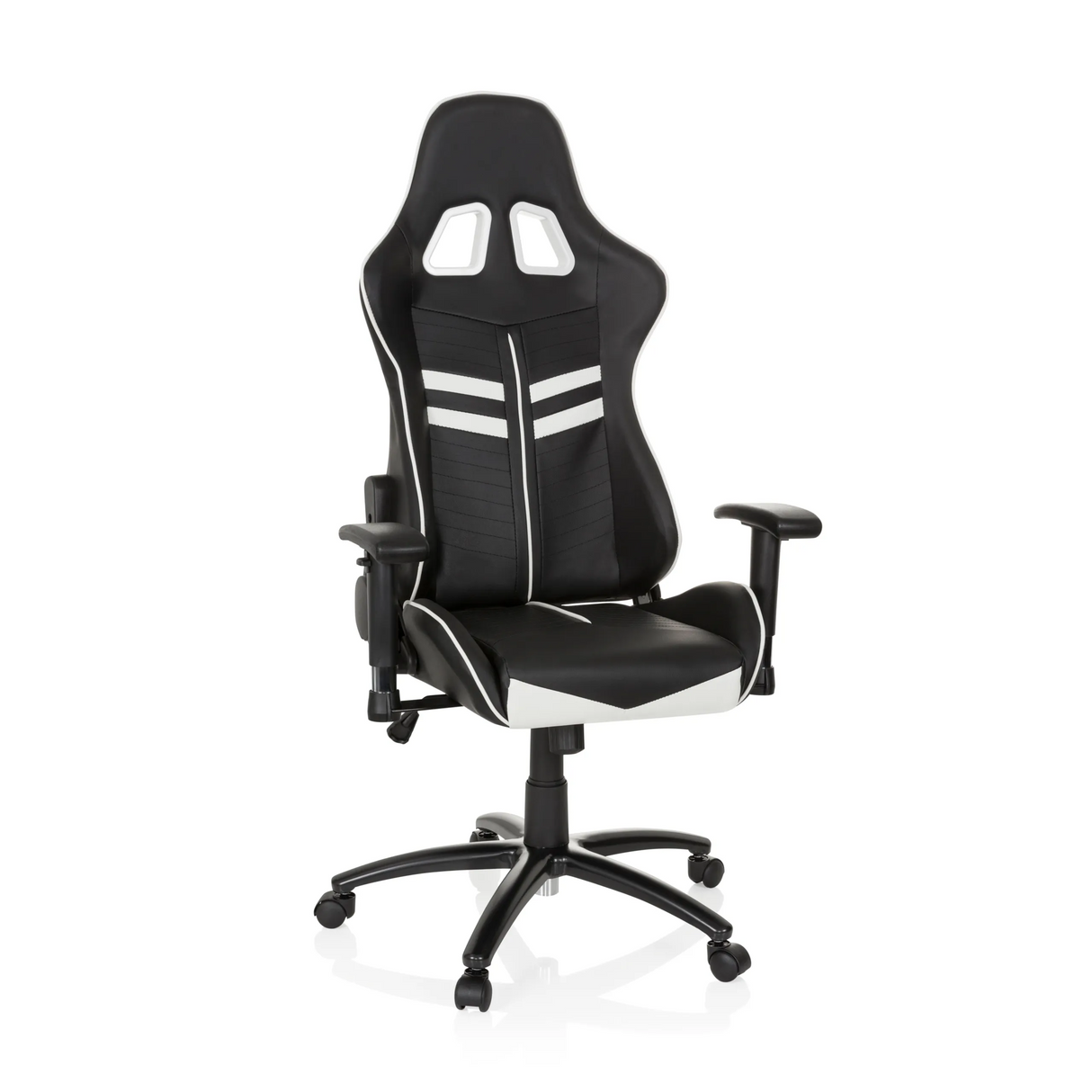Schwarz-weißer Gamingstuhl LEAGUE PRO mit Kopfstütze und Fußkreuz mit fünf Rollen von hjh OFFICE – 360-Grad-Ansicht (Frontansicht 20°)