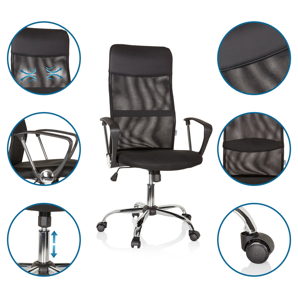 Homeoffice Chefsessel PURE NET in Schwarz mit Mesh-Rückenlehne und verstellbarer Gasfeder von hjh OFFICE