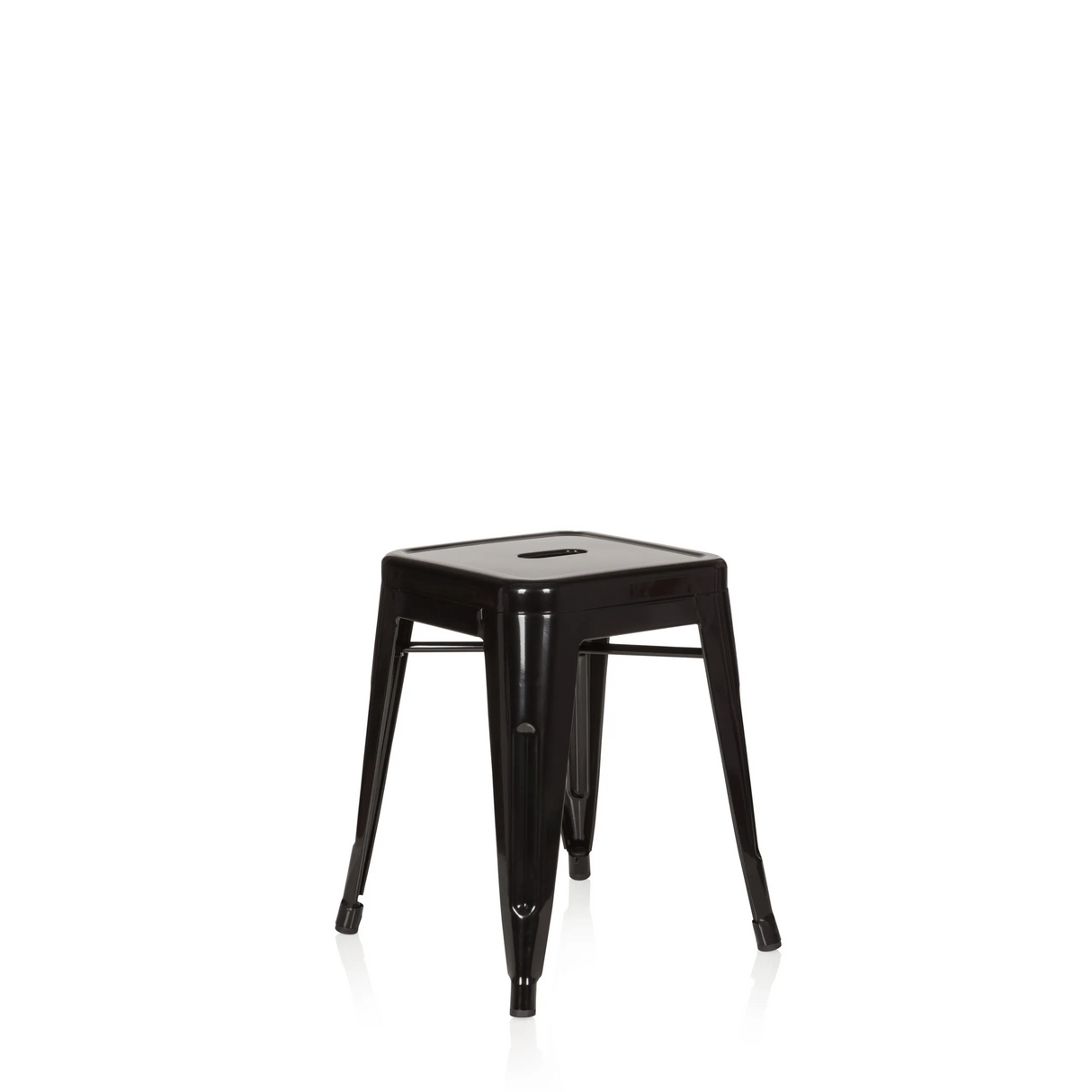 Schwarzer Bistrohocker VANTAGGIO mit quadratischer Sitzfläche und Verstrebungen von hjh OFFICE – 360-Grad-Ansicht (schräge Frontansicht 40°)