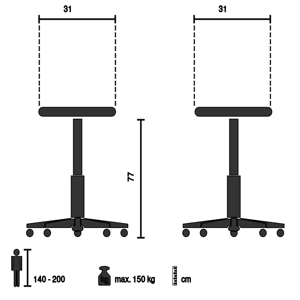 Technische Zeichnung des Barhockers VANTAGGIO HIGH WS mit 31 × 77 cm und max. 150 kg Traglast von hjh OFFICE