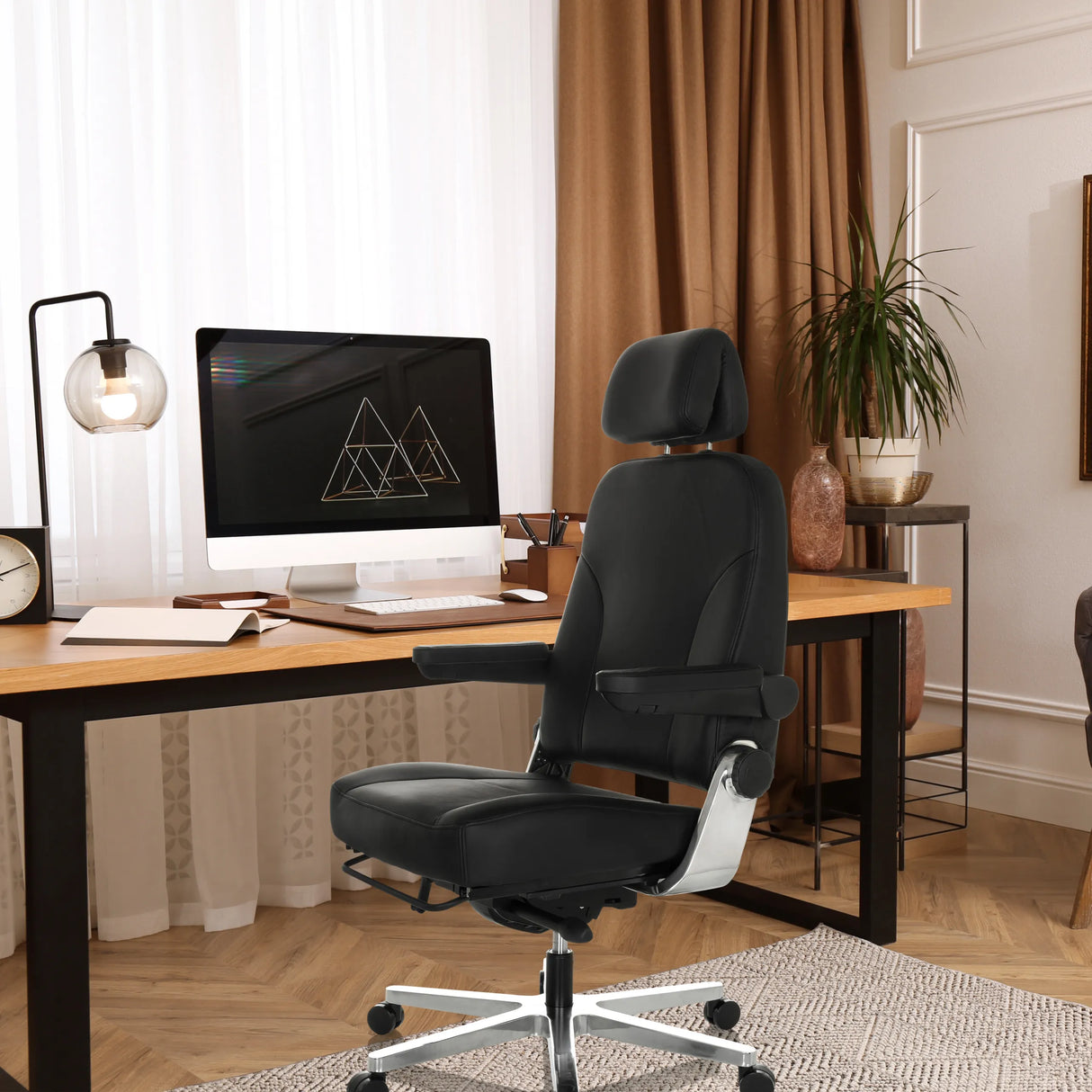 Schwarzer XXL Drehstuhl 24 HOURS F aus Leder mit Kopfstütze und Armlehnen von hjh OFFICE