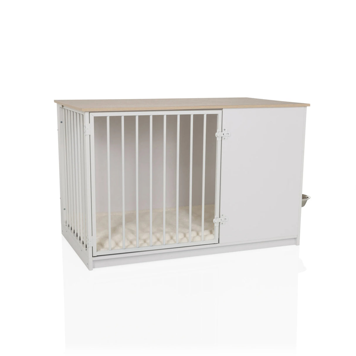 Weiße Hundebox PAWHOME XL mit Gittertür, Holzplatte in Eicheoptik und integrierten Näpfen von hjh LIVING – 360-Grad-Ansicht (Frontansicht 15°)