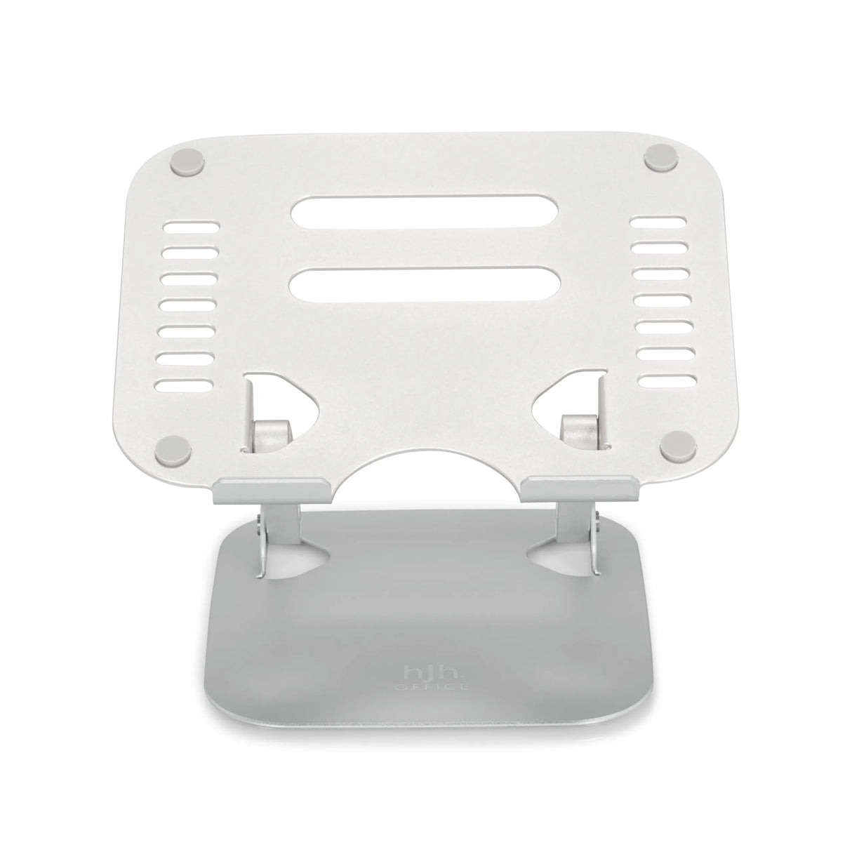 Silberne Laptopunterlage LAPTOP STAND mit perforierter Auflagefläche und Standfuß von hjh OFFICE – 360-Grad-Ansicht (Frontansicht 0°)