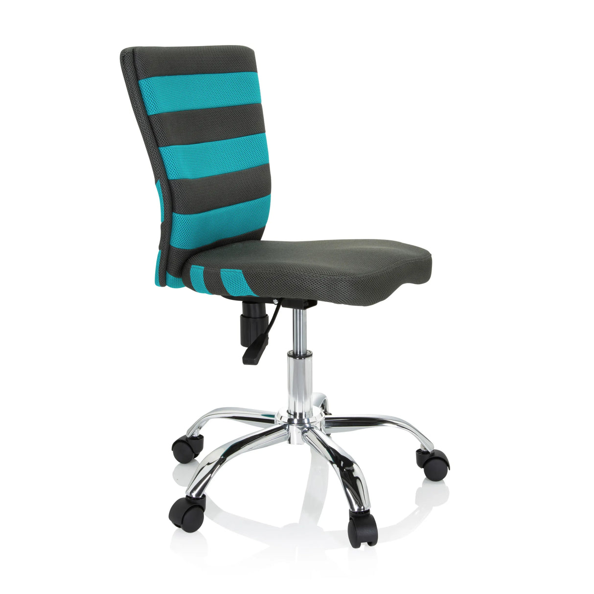 Grauer Kinderdrehstuhl KIDDY COMFORT I mit türkisen Streifen im Netzrücken und Fußkreuz mit fünf Rollen von hjh OFFICE – 360-Grad-Ansicht (schräge Frontansicht 60°)